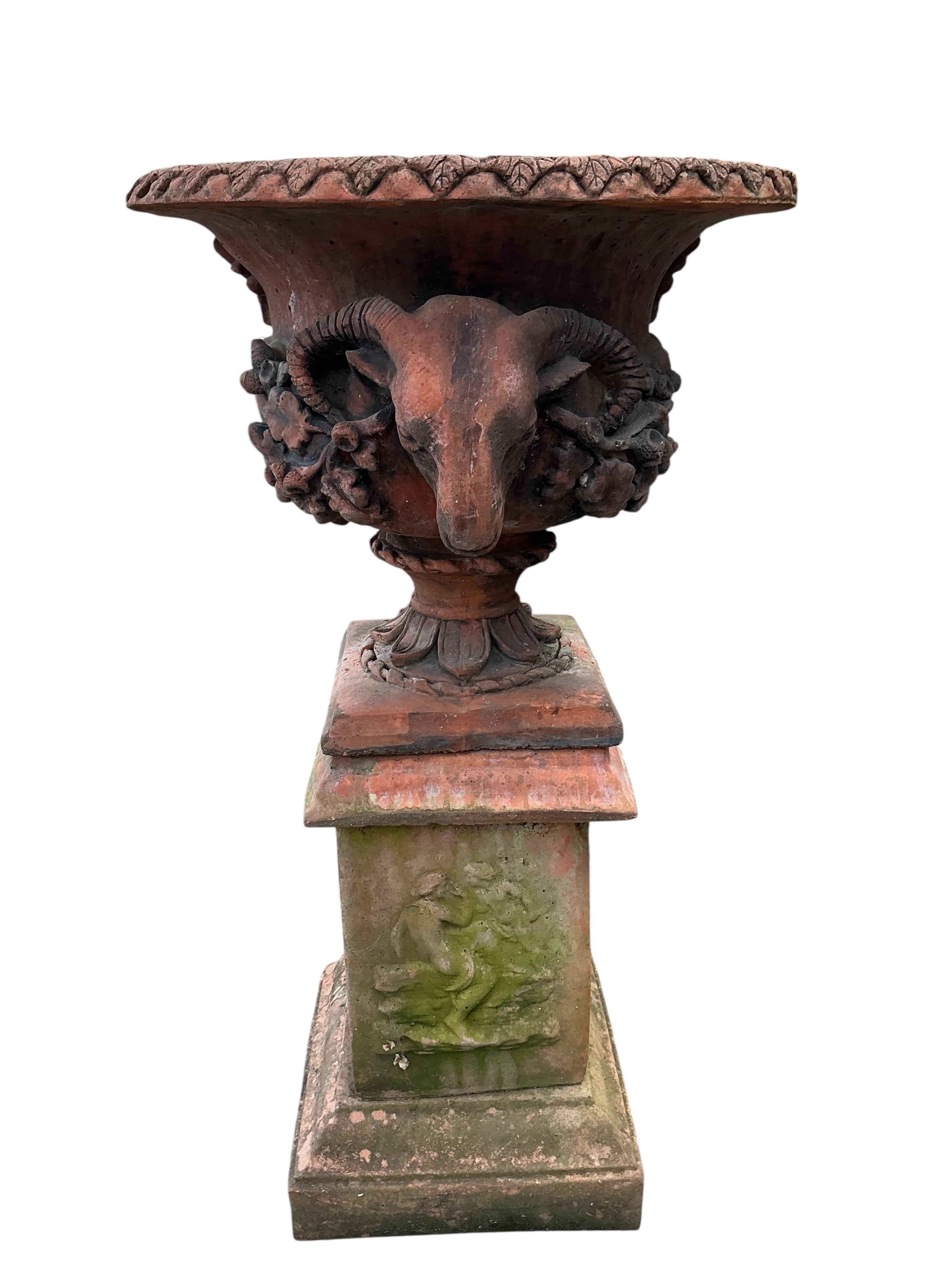 A pair of terracotta ram's head circular garden urns, on square pedestal bases, diameter 52cm, height 98cm